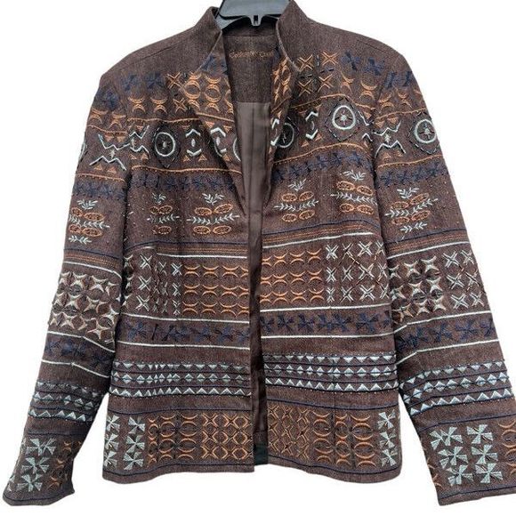 Womens Size 16 Coldwater Creek Brown Embroidered Beaded Blazer Boho Retro Jacket - Picture 2 of 9